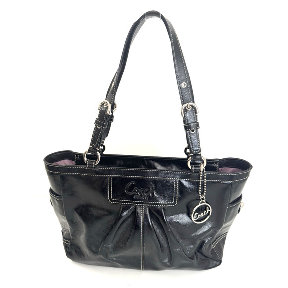 Coach Handbag Black Shiny Leather Tote Shoulder Bag Pleated Gallery Creed F13761 - Picture 1 of 15